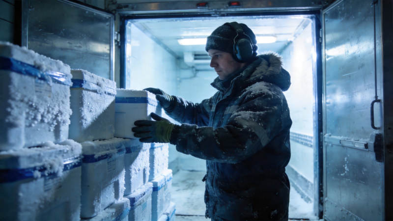 冷库工人搬运冰霜货物图片