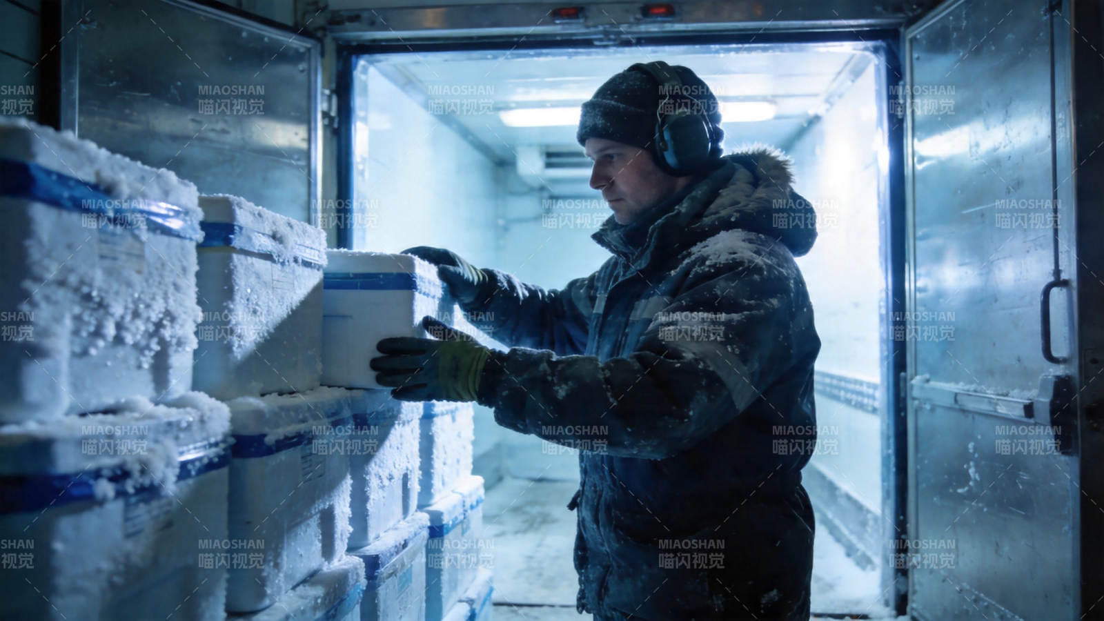 冷库工人搬运冰霜货物图片