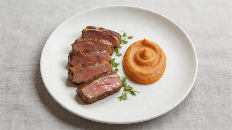 煎牛排配胡萝卜泥图片