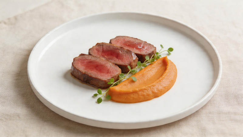 煎牛排配胡萝卜泥与香草图片