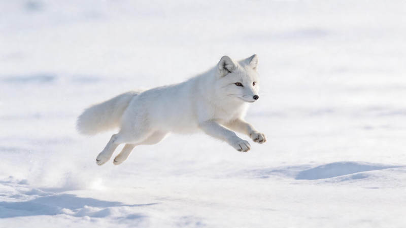 雪原白狐跃动瞬间图片
