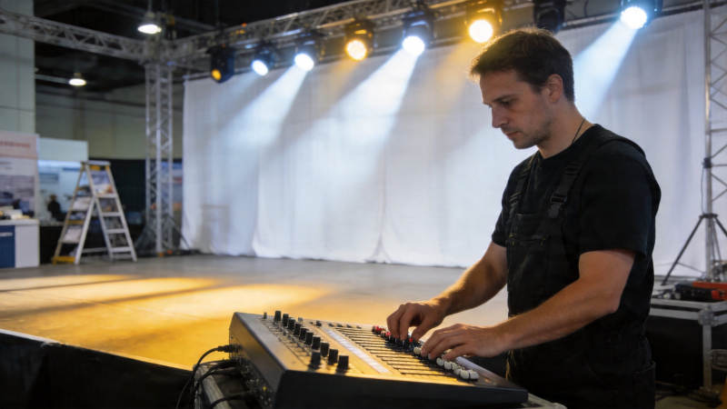 舞台灯光下专注调音师图片