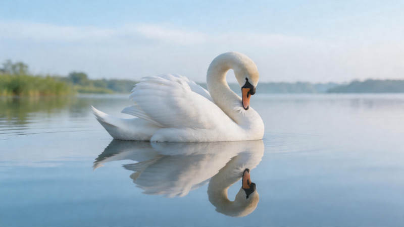 天鹅静浮 水映双影图片