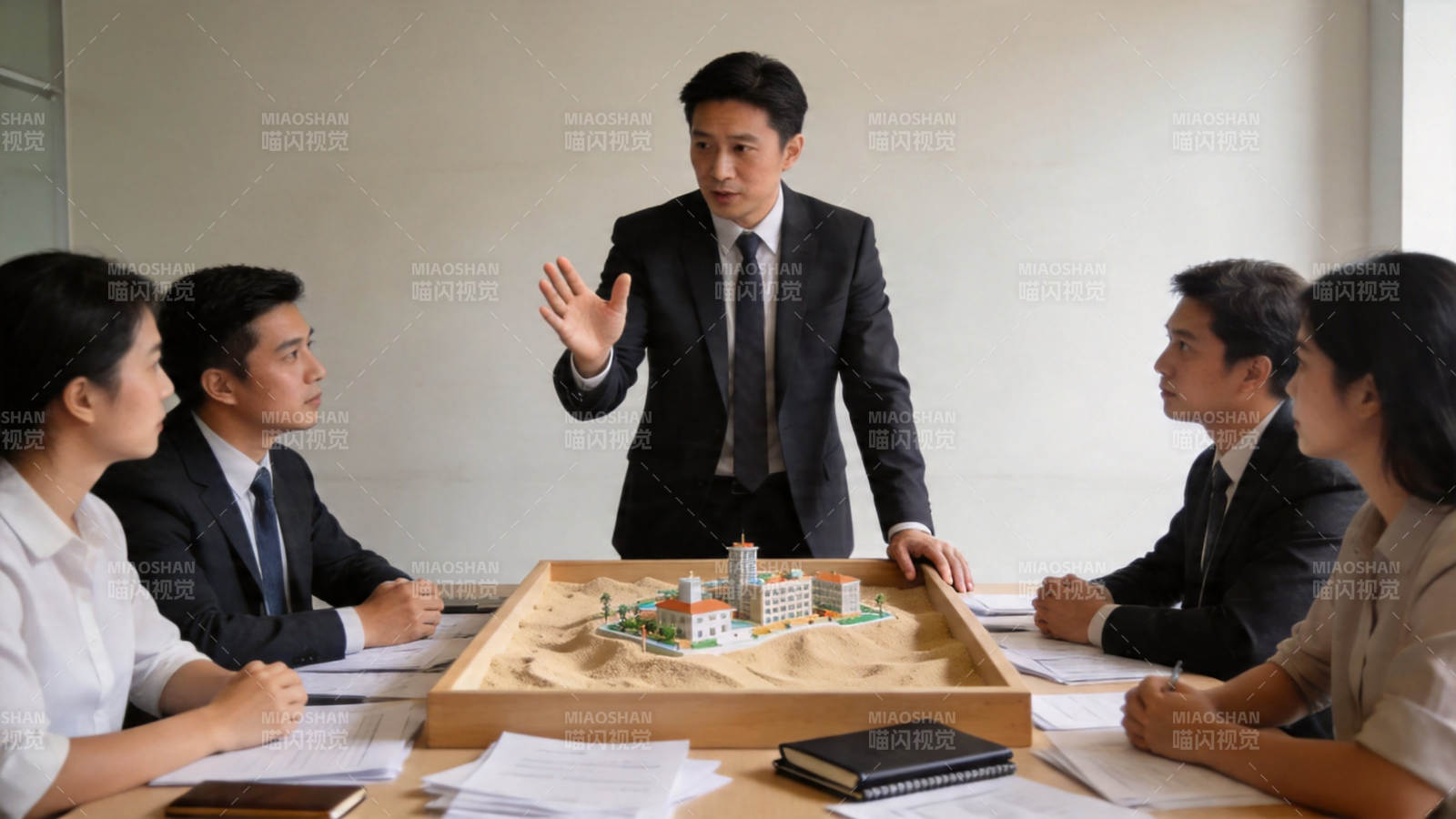 会议中讨论建筑模型方案图片