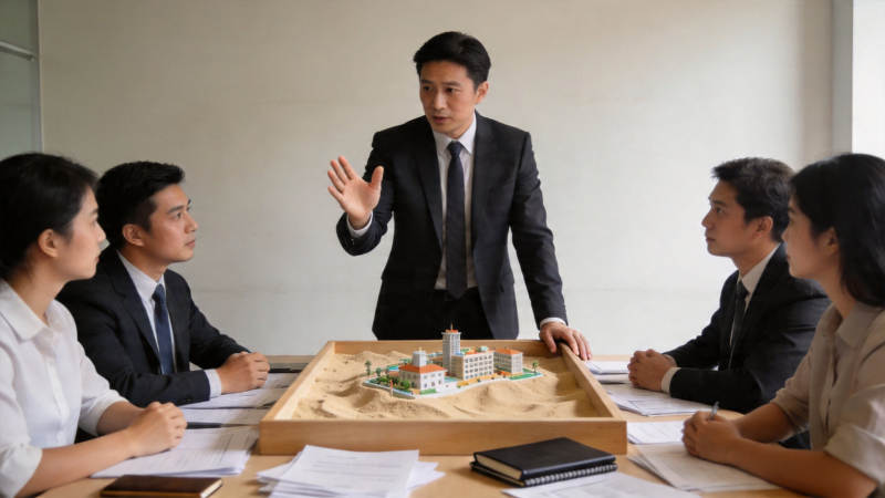 会议中讨论建筑模型方案图片