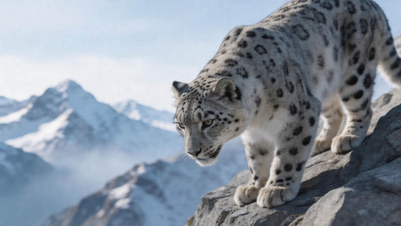 雪豹立岩 雪山为背景图片