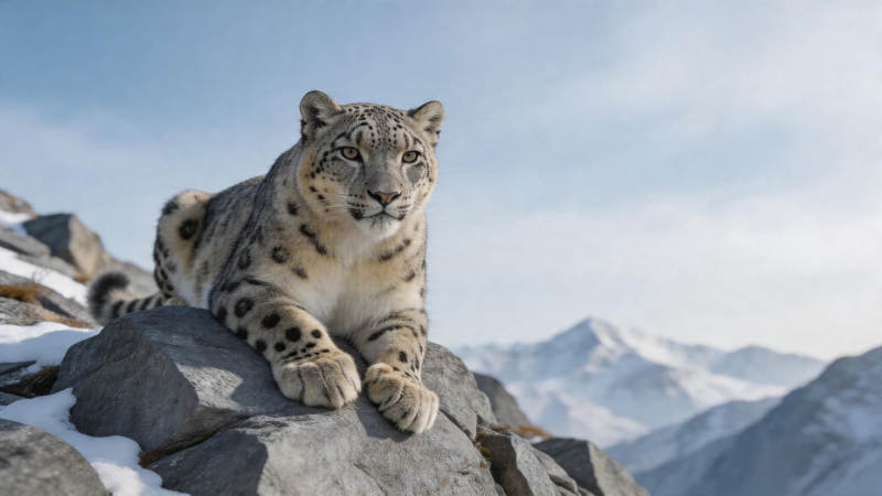 雪豹卧岩 雪山为背景图片