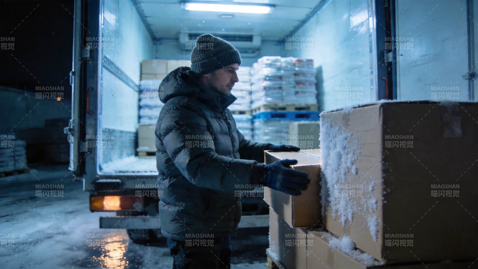 雪夜搬货 寒中坚守图片