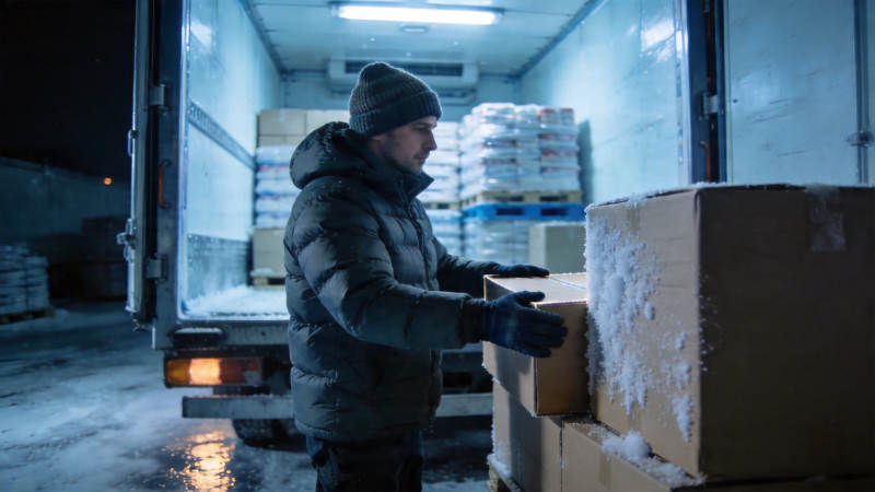 雪夜搬货 寒中坚守图片