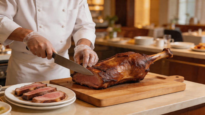 厨师切烤羊腿 摆盘精致图片