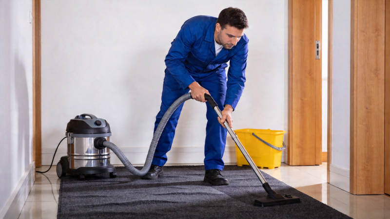 男子穿蓝工装吸地毯灰尘图片