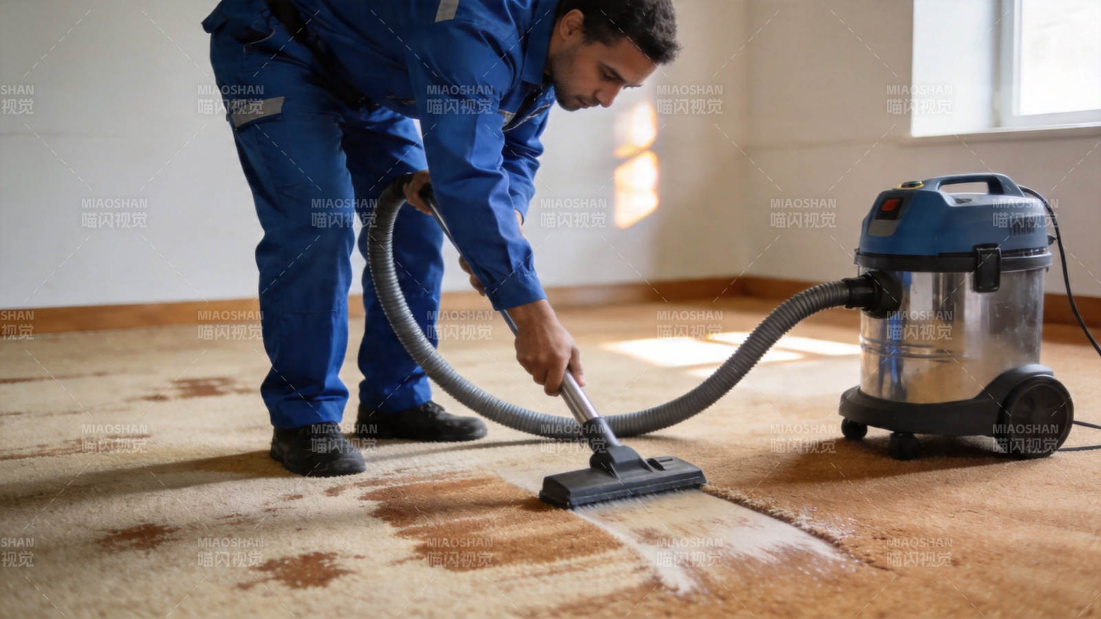 工人吸尘清洁地毯图片