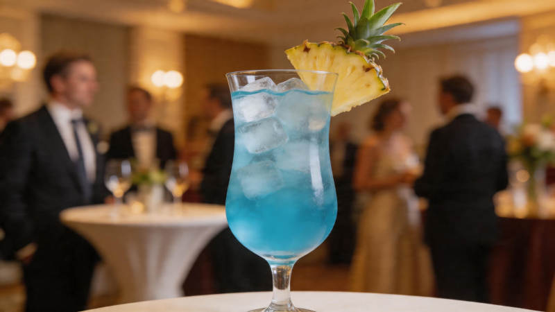 蓝饮菠萝饰 宴会场中亮图片