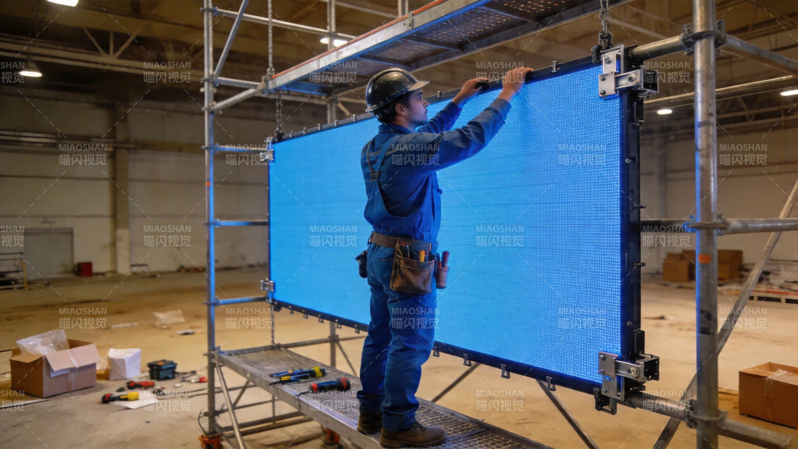 工人安装大型LED屏幕图片