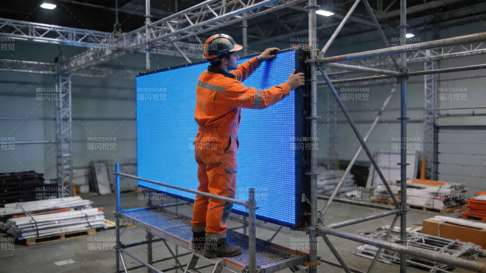 工人安装大型LED屏图片
