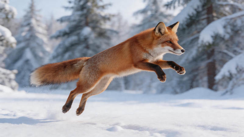 雪野飞狐跃寒冬图片