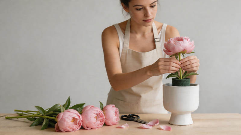女子插花 粉牡丹入白盆图片