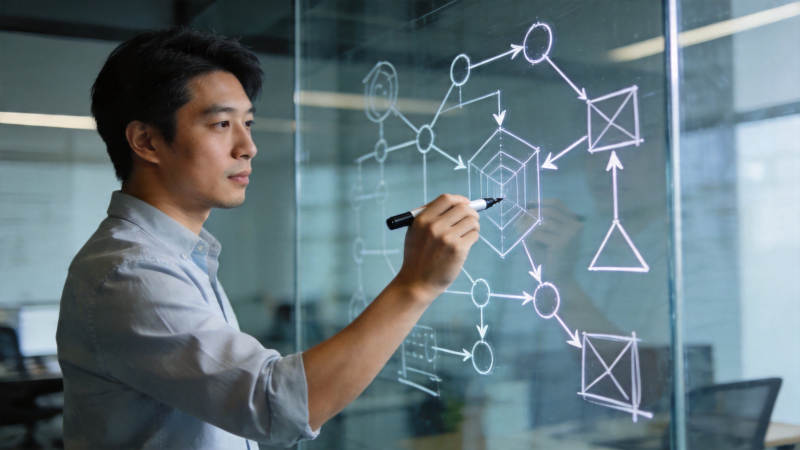 男子玻璃板绘流程图图片