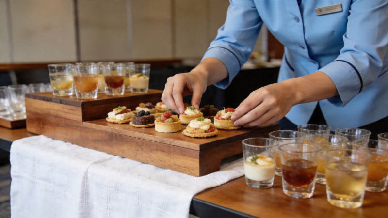 服务员摆盘精致小点心图片