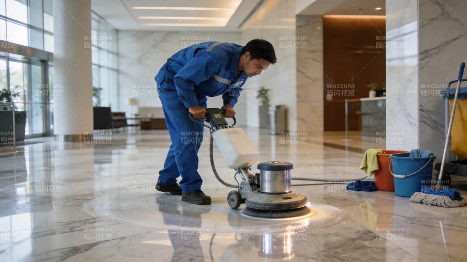 保洁员抛光大理石地面图片
