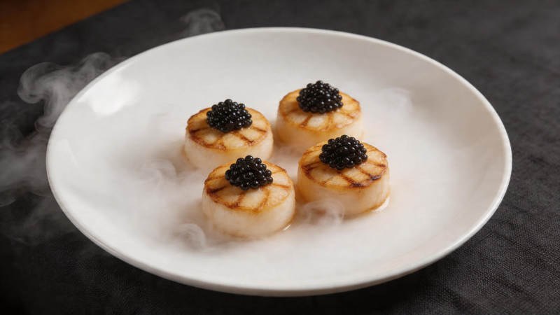 鱼子酱煎扇贝 烟雾缭绕图片