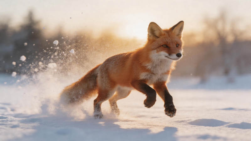 雪原奔狐 夕照飞扬图片