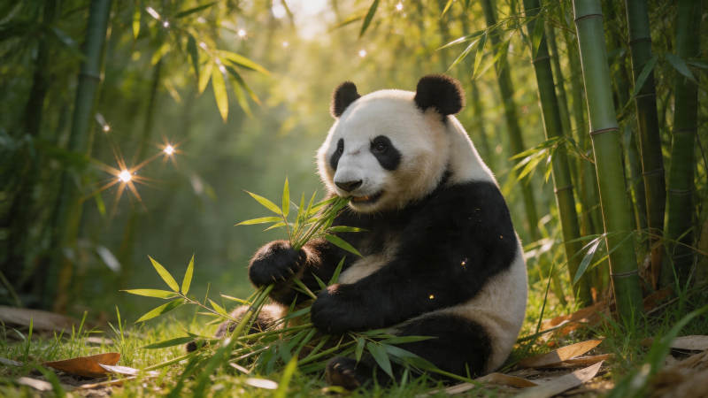 竹林熊猫享晨光图片