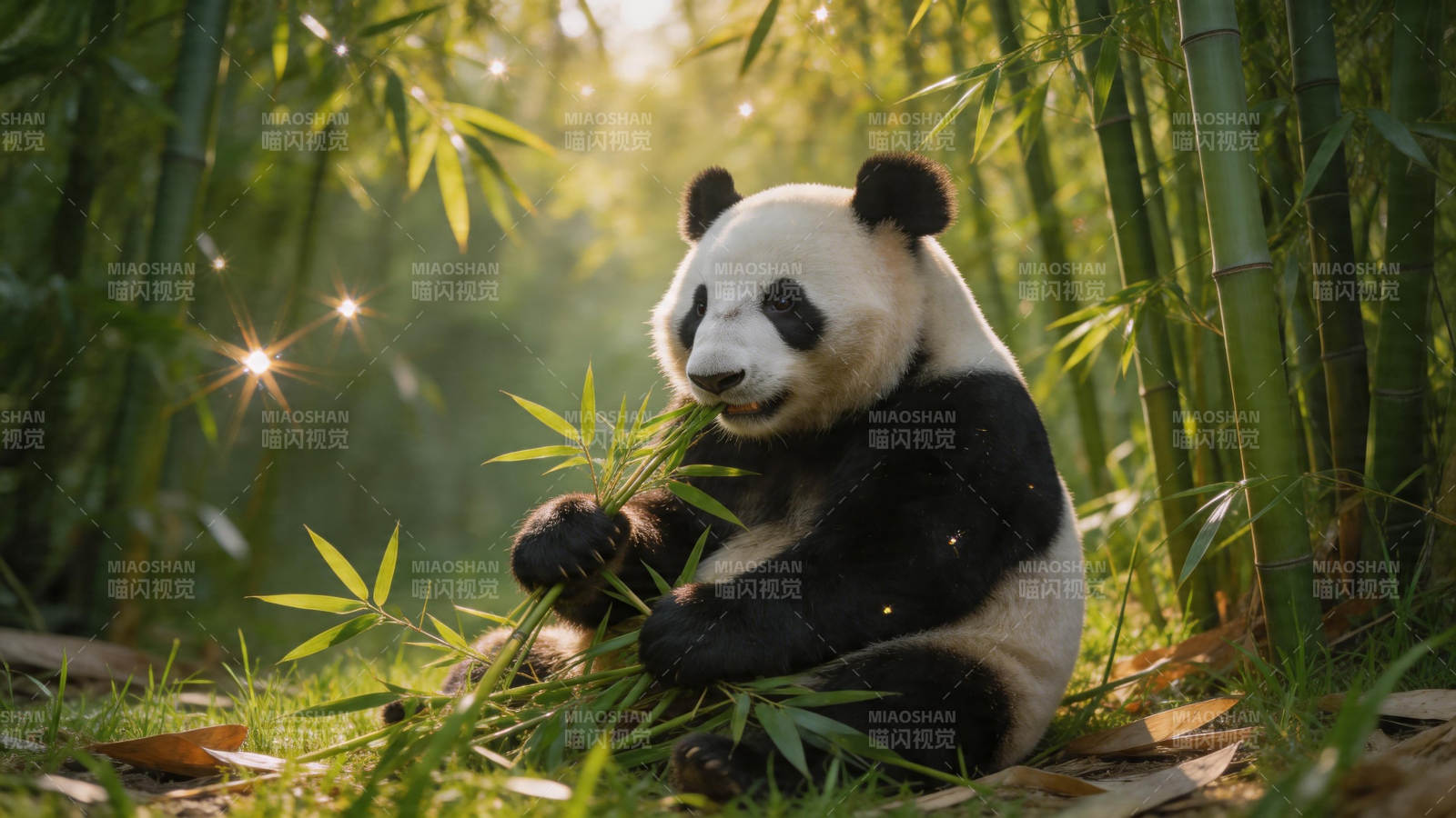 竹林熊猫享晨光图片