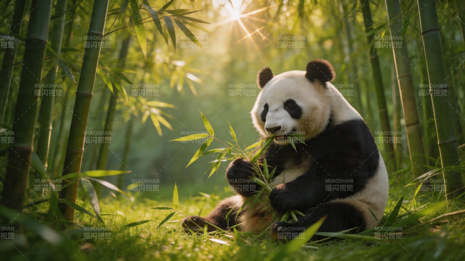 竹林熊猫享晨光图片