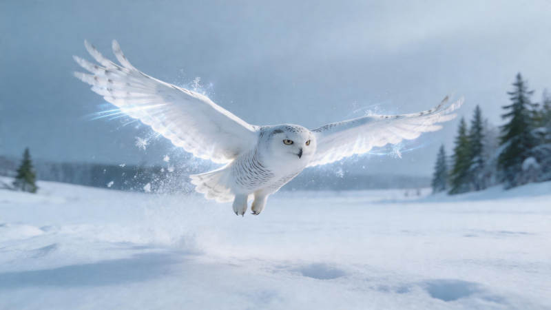 雪鸮展翅掠雪原图片