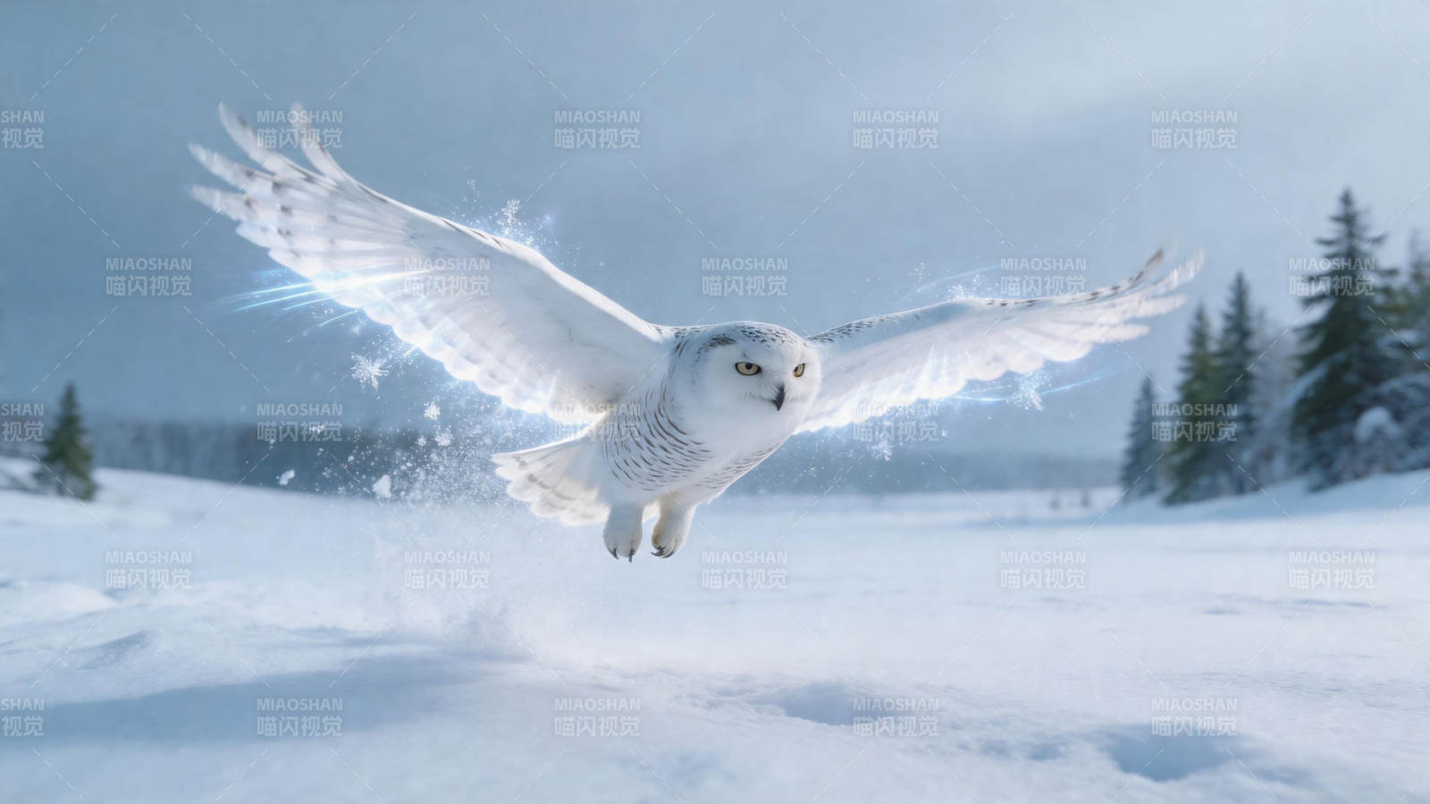 雪鸮展翅掠雪原图片