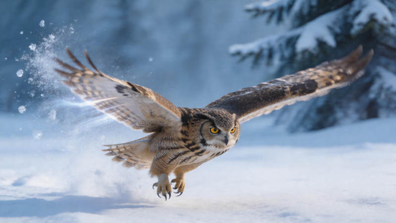 雪夜猛禽扑击瞬间图片