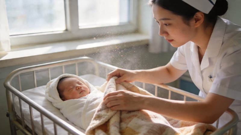 护士轻抚新生儿 阳光洒落温馨时刻图片