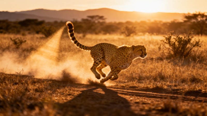 夕阳下猎豹疾驰草原图片