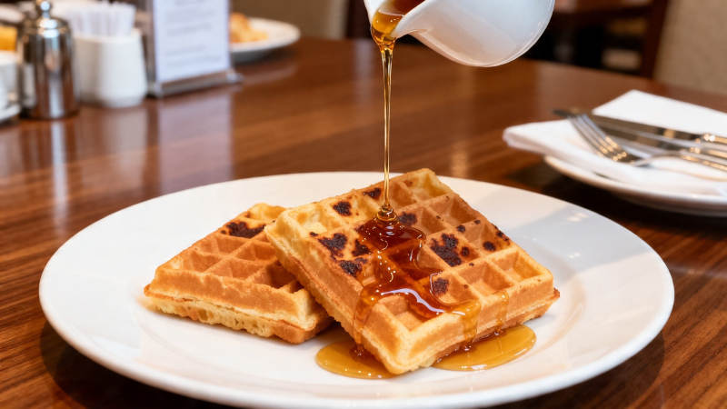 淋糖浆的华夫饼早餐图片