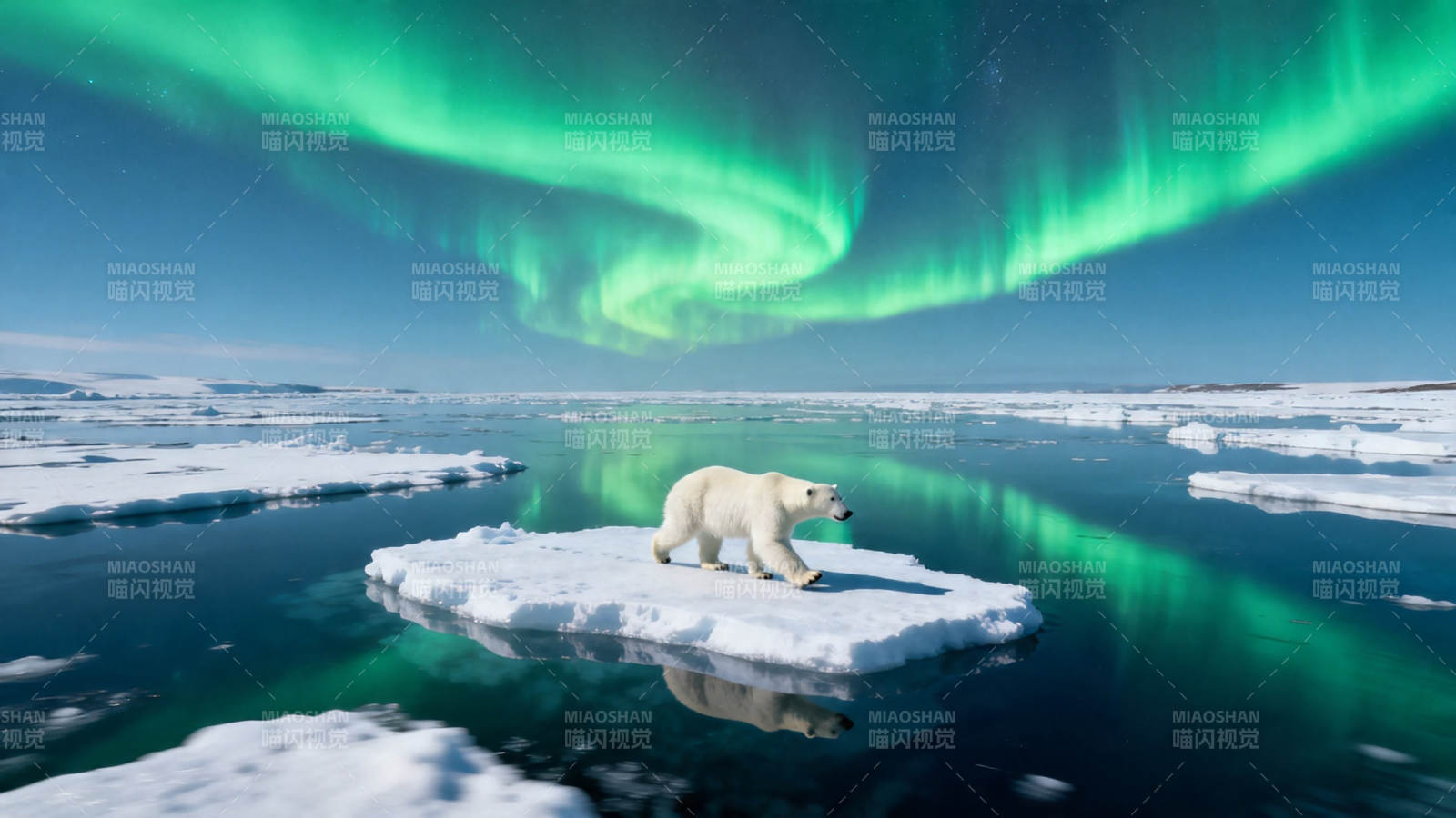 极光下北极熊踏冰而行图片