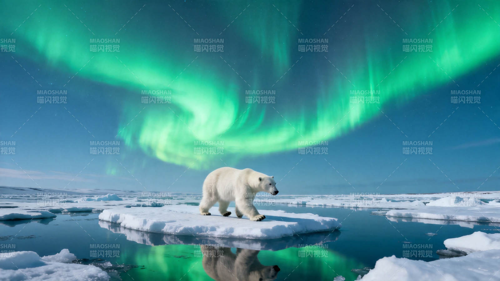 极光下北极熊踏冰而行图片