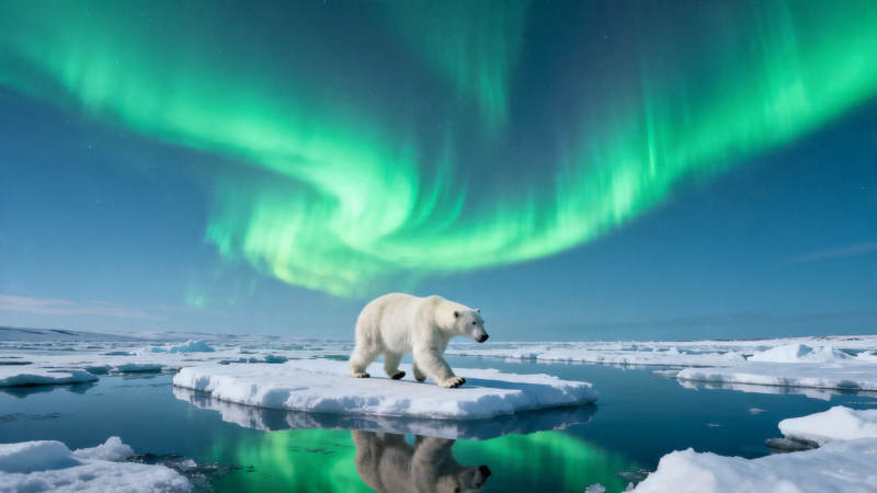 极光下北极熊踏冰而行图片