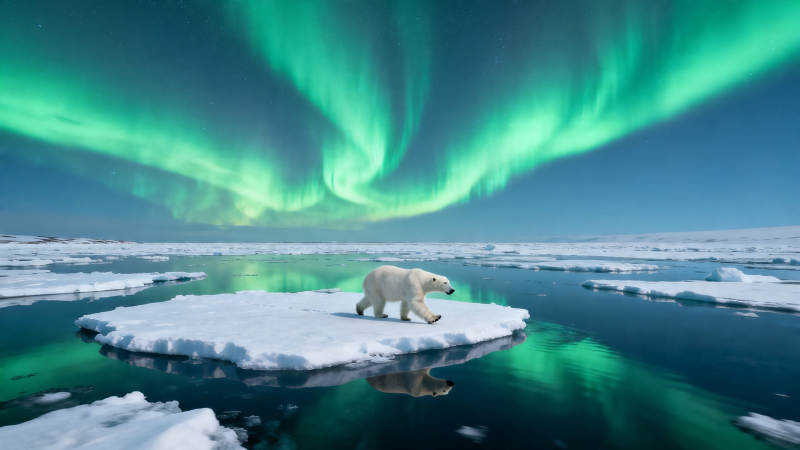 极光下北极熊独行冰原图片