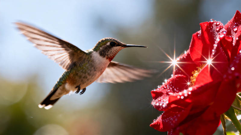 蜂鸟采蜜 红花映晨光图片