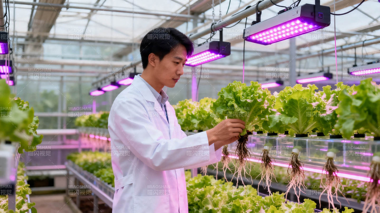 科学家检查水培生菜生长情况图片