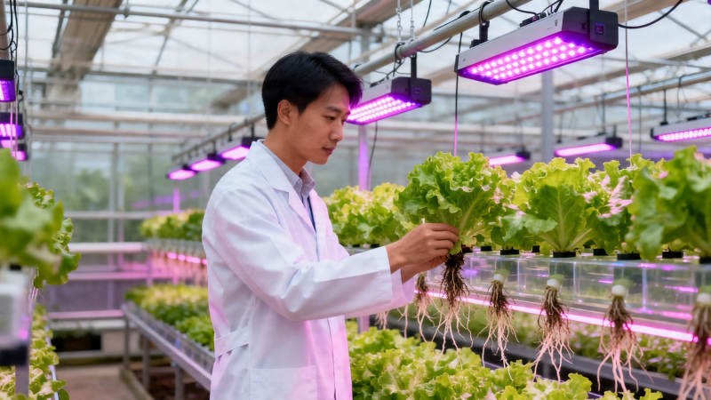 科学家检查水培生菜生长情况图片