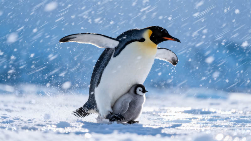 雪帝企鹅护雏行图片