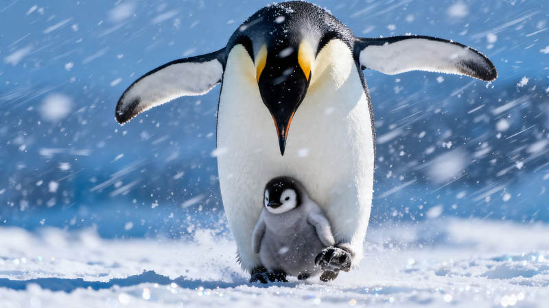 企鹅父子雪中行图片