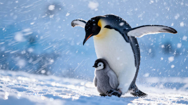 企鹅母子雪中同行图片