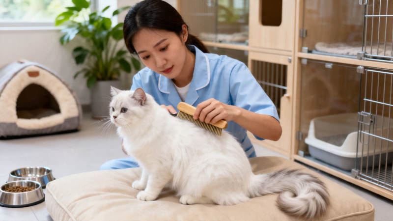 女子为白猫梳毛 温馨宠物护理图片