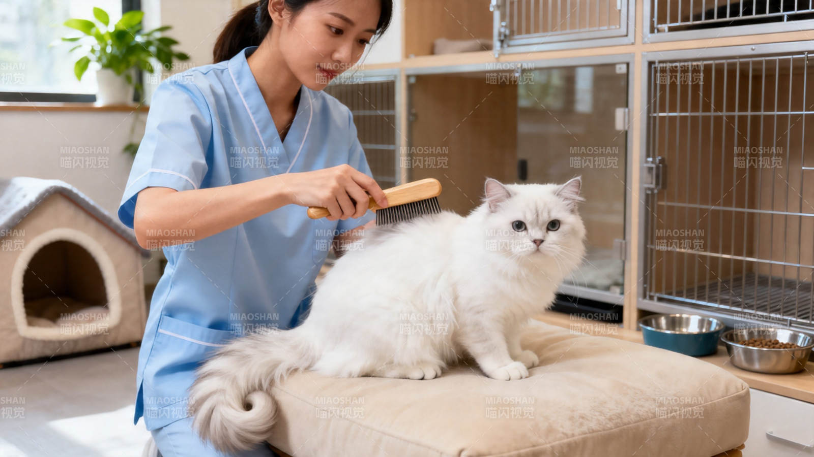 护士为白猫梳毛图片