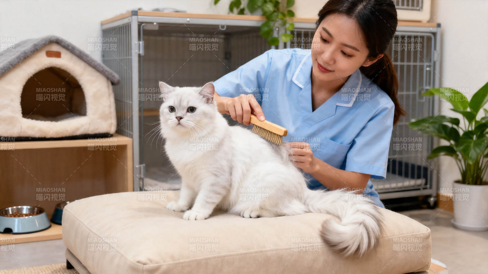 护士轻梳白猫 温馨宠物护理图片