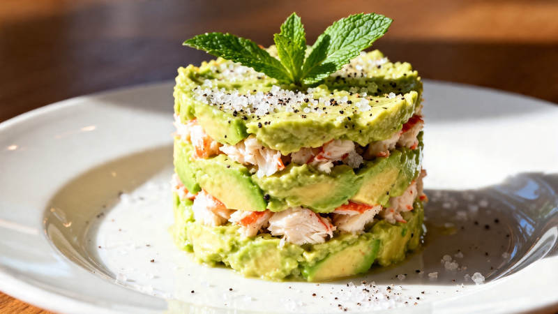 牛油果虾仁塔配薄荷叶图片