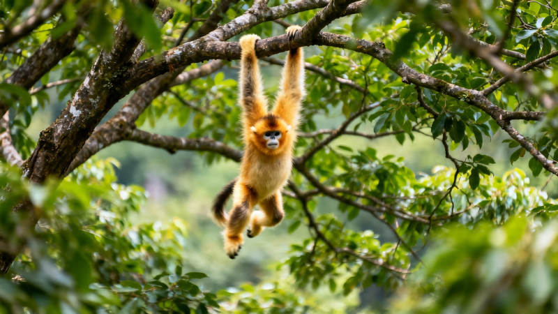 金丝猴挂枝荡秋千图片